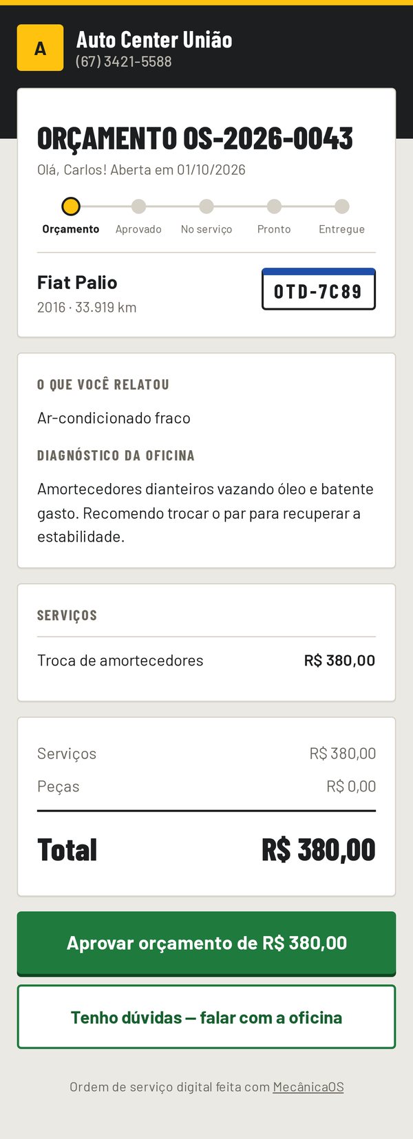 Orçamento que o cliente recebe no celular com botão para aprovar