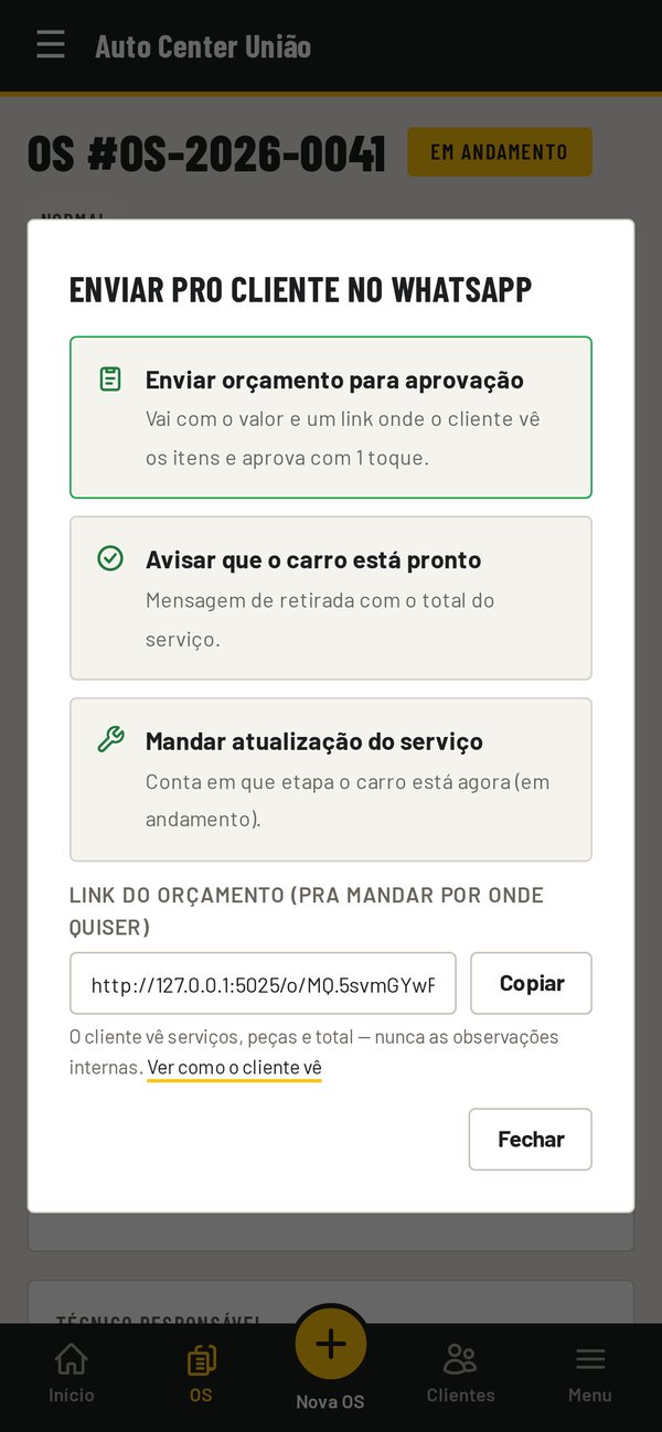 Tela da OS com opções de envio pelo WhatsApp